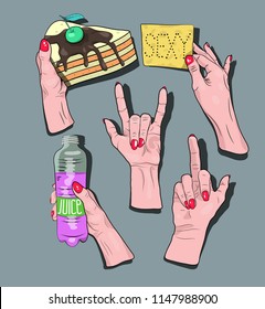 A set of female hands in different poses. Illustration for t-shirt, clothing, printing, postcards...