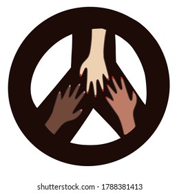 Set of female hands of different races, colors, with a сircular peace sign. Hippie symbol black icon Vector isolated silhouette of a hand on a white background. Hands of diverse ethnicity are raised