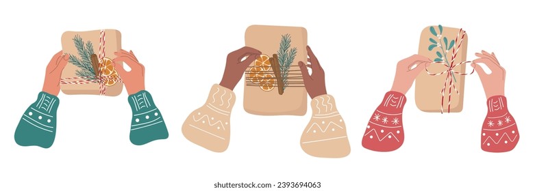Set von weiblichen Hands mit verschiedenen Hautfarben mit Weihnachtsgeschenk. Vorbereitung auf die Winterferien. Feierliche Flache Illustration einzeln auf Weiß. Gestaltungselement
