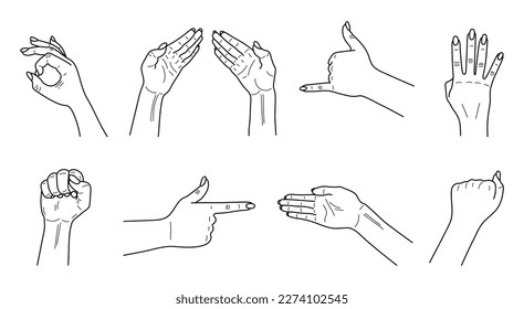 Set of female hands and gestures icons, logos, emblems, signs in a realistic poses. Vector.