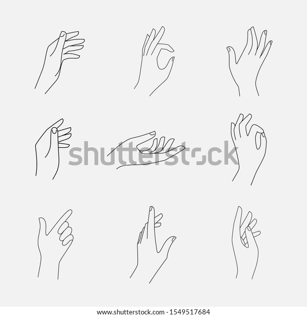 女性の手とジェスチャーのアイコン ロゴ エンブル リアルなポーズ のサインのセット エレガントな細い線 線のスタイル 背景に ベクターイラスト のベクター画像素材 ロイヤリティフリー