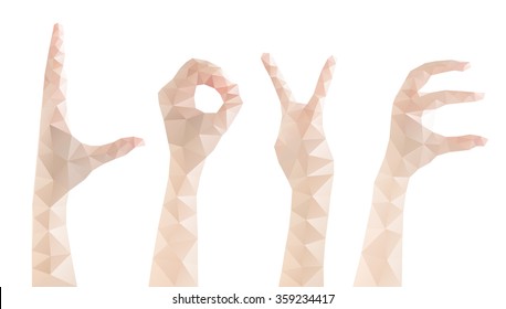 Set female hands gestures making word LOVE isolated on white background low poly style, Vector illustration