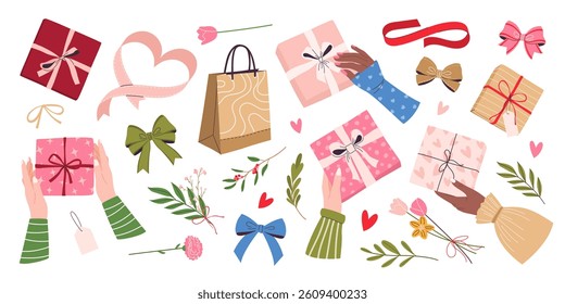 Set of female hands with gift boxes, bows, flowers, herbs, ribbons. Hand drawn clip art bundle. Isolated flat illustrations on white for Happy New Year, Mother's Day, Valentine's Day, birthday designs