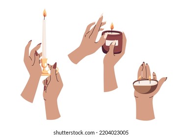 Un grupo de manos femeninas sostienen velas ardientes. Candelero con una larga vela, vela en frasco y en concha de coco. Colección de decoración. Ilustración vectorial plana en estilo boho aislada en fondo blanco.