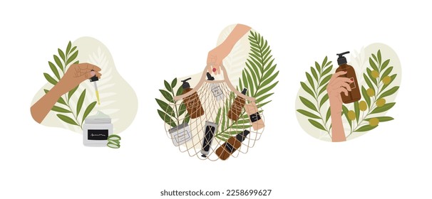 Set of female hands hold natural organic cosmetic products in bottles, jars for skincare with abstract shape and greenery. Cleanser, tonner, serum, oil, cream product. Hand draw vector illustration