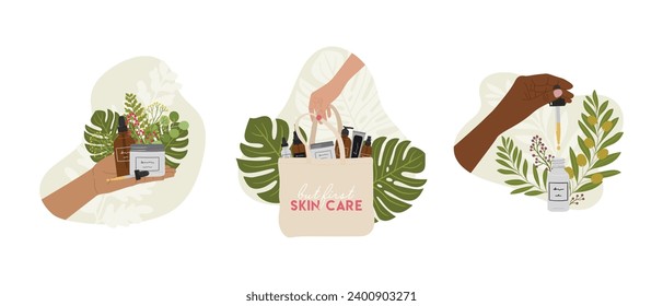 Set of female hands hold natural organic cosmetic products in bottles, jars for skincare with abstract shape and greenery. Cleanser, tonner, serum, oil, cream product. Hand draw vector illustration