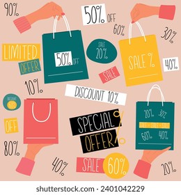 Set with Female hands hold shopping bag for sale. Discound labels with various percents. Vector
