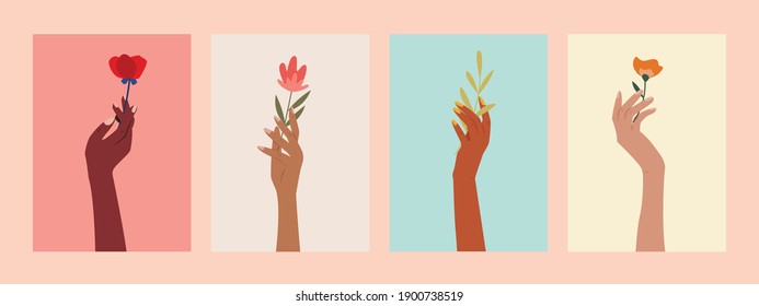 Manos femeninas con hermosos afiches de flores para la web, imprimir. Manos de mujeres elegantes de diferentes colores de piel aisladas. El poder de las chicas. Feminismo. Ilustración vectorial moderna en estilo plano