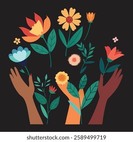 Set of female hands holding beautiful flowers posters for web, print. Different skin colored elegant woman hands isolated. Girl power. Feminism. Modern vector illustration in flat style