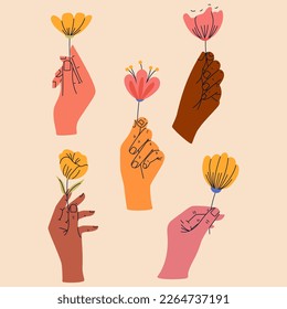 Set of female hands holding bunches of blooming flowers. Good for greeting cards or invitation design, poster.