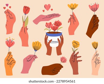 Set of female hands holding bunches of blooming flowers. Good for greeting cards or invitation design, poster.