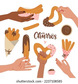 Set of female hands holding churros with chocolate sauce. Mexican snack. Hand drawn flat vector illustration. Churro sticks in paper bag, bowl with hot chocolate.