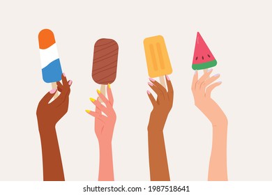 Set of female hands holding colored various ice creams. Summer time modern vector illustration in flat style