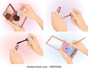 Set of female hands holding cosmetics.