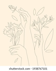 Set with female hands holding flowers and bouquets. Vector illustration in minimal linear style for beauty, cosmetic, jewellery concepts