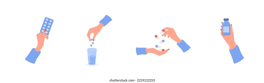 Set of female hands holding pills. Healthcare concept. Cold and flu treatment. Women drinking vitamin complex and minerals. Vector illustration in flat cartoon style.