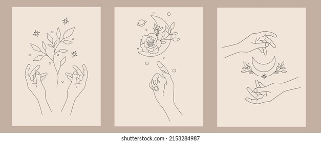 A set of female hands logos in a minimalistic linear style. Hands, moon and flowers. Magic compositions for design. Boho style logos