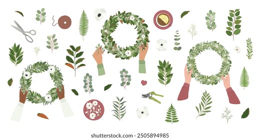 Conjunto de manos femeninas haciendo coronas de boda con herramientas de bricolaje para taller florístico. Magnolia, eucalipto, laurel, hojas salales y anémona, flores de gypsophila. Ilustración vectorial dibujada a mano