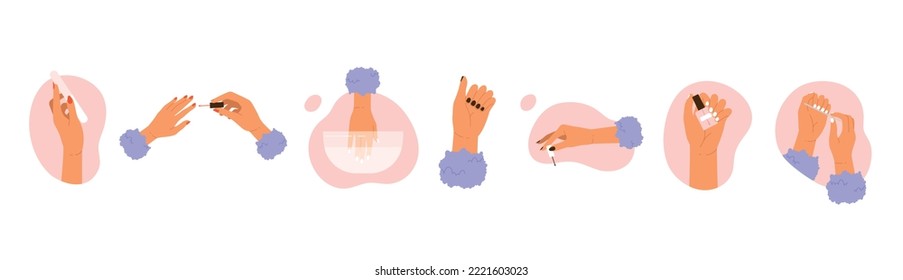 Set of female hands with a manicure. Women's hand manicure collection. Nail care, beauty treatment aesthetic. Vector illustration in cartoon style. Isolated white background