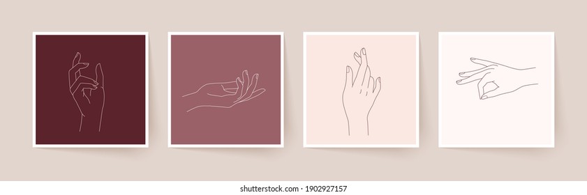 Conjunto de manos femeninas en un estilo lineal mínimo. Arte moderno de una sola línea. Ilustración vectorial.