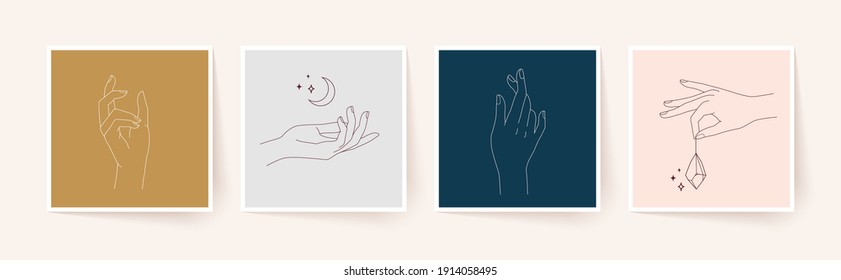 Set of female hands in minimal linear style. Modern single line art. Vector illustration.