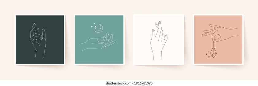 Set of female hands in minimal linear style. Modern single line art. Vector illustration.