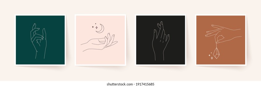 Conjunto de manos femeninas en un estilo lineal mínimo. Arte moderno de una sola línea. Ilustración vectorial.