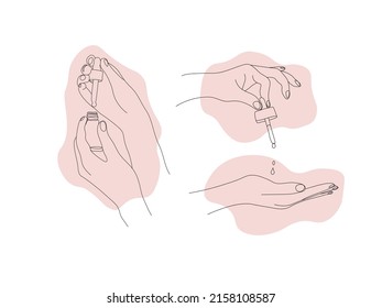 Set of female hands with pipette of moisturizing serum isolated on white background. Caring for health and youth. Vector hand drawn line of hands and pink spots art illustration. Skin care concept