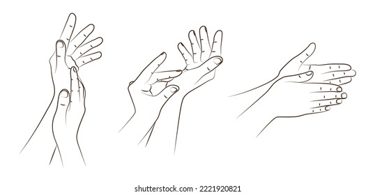 Set of female hands in realistic gesture of stroking, rubbing and applying to skin moisturizing cream. Hand skin care to prolong health, beauty and youth. Skin care, nutrition and protection. Sketch