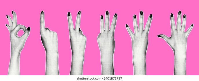 Set of female hands in retro collage style. Women's hands count the icons. Gesture calculation, different finger numbers, interactive communication signs.