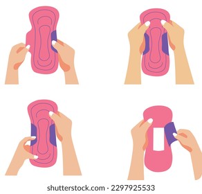 Set of female hands with sanitary napkins. Vector illustration in flat style.