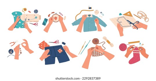 Set Of Female Hands Skillfully Weave Colorful Yarns And Threads Together To Create Intricate Design Cartoon Illustration