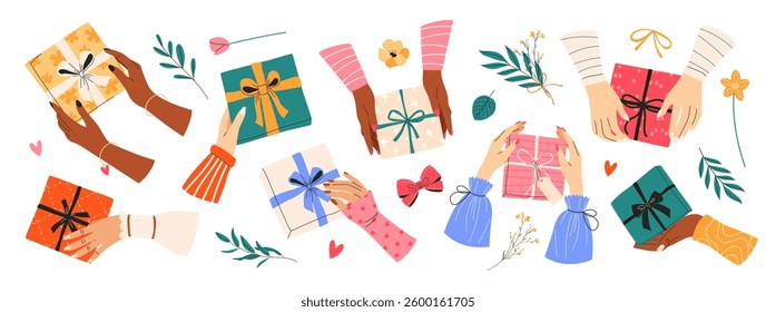 Set of female hands with various gift boxes, bows, flowers and herbs. Hand drawn clipart bundle. Isolated flat illustrations for Happy New Year, Mother's Day, Valentine's Day and birthday designs