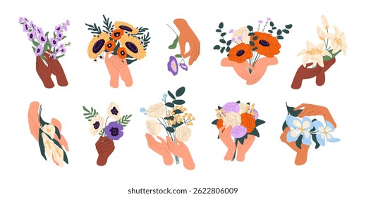 Set of female hands with wildflower bouquets. Women hold posies of different cut flowers, bunches of bloom meadow plants. Floral gift, decor. Flat isolated vector illustrations on white background