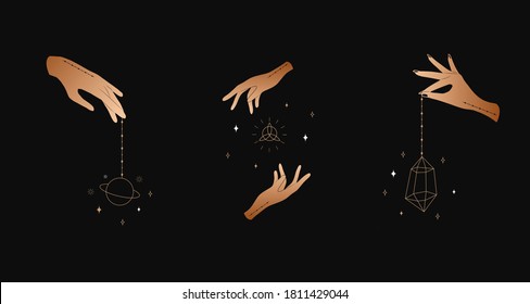 Set of female hands. Witch magic and occult collection. Different vector hand gestures with sword, stars and crystal. Abstract logo for tarot cards, logo, tattoo, spiritual poster.