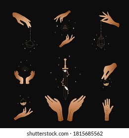 Set of female hands. Witch magic and occult collection. Different vector hand gestures with sword, stars and crystal. Abstract logo for tarot cards, logo, tattoo, spiritual poster.
