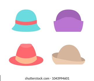 Set of female hats summer spring autumn mode collection vector illustration isolated on white. Headwear items for women, stylish caps modern accessories