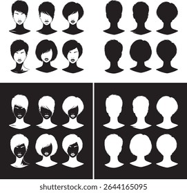 Conjunto de cabeça feminina e silhuetas busto com vários penteados curtos em preto e branco, e vice-versa variações de fundo