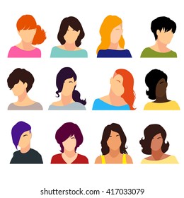 Set Of Female Heads Isolated On A White Background. Women's Faces In A Flat Style. Female Avatars With Different Hairstyles. Vector Illustration.