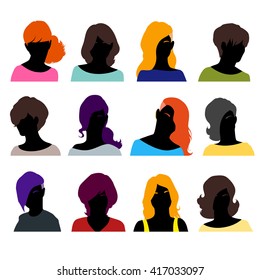 Set of female heads isolated on a white background. Women's faces in a flat style. Female avatars with different hairstyles. Vector illustration.