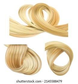 Conjunto de cabello brillante sano y ondulado femenino aislado sobre fondo blanco. Ilustración realista del vector 3d.