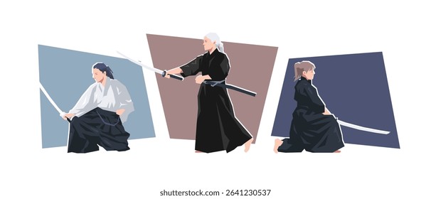 Set of female iaido character. Dynamic pose. Sport, martial arts. Cartoon flat vector illustration.