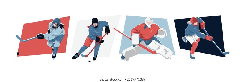 Set of female ice hockey players. ice hockey athlete character. Isolated on white background. Flat vector illustration.