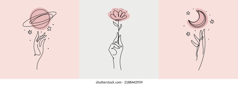 Set of female icons for beauty salon, hand with planet, moon, flower. Continuous line art of hand and heart, aesthetic symbol, logo, tattoo. Vector illustration isolated