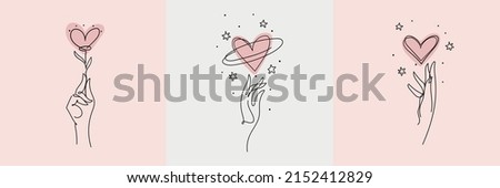 Set of female icons for beauty salon, self love concept. Continius line art hand and heart, aesthetic symbol, logo, tattoo. Vector illustration isolated on white background.