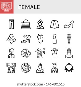 Set of female icons such as Profile, Jeans, Handbag, Woman, Skirt, High heels, Bikini, Swimsuit, Dress, Hair brush, Nurse, Yin yang, Kiss, Boxer, Waltz, Dancer, Groom , female