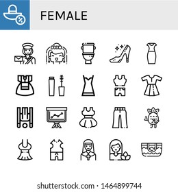 Set of female icons such as Sun hat, Postwoman, Bride, Toilet, High heels, Pencil dress, Dress, Mascara, Nightgown, Clothes, Inversion therapy, Staff, Trousers, Blushing , female