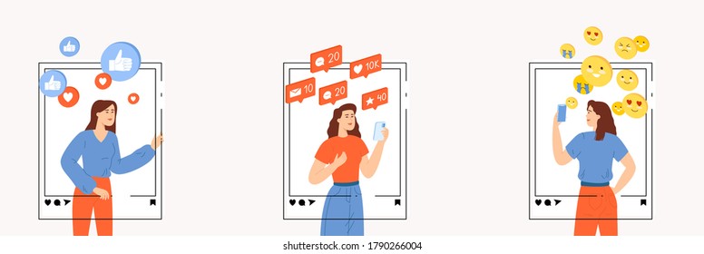 Un grupo de mujeres influyentes o gestoras de smm que promueven activamente el blog en las redes sociales. Ilustración vectorial en estilo plano