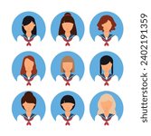 Set of female japanese student avatar isolated on white background. Asian uniform school girl. People education flat concept. Vector stock