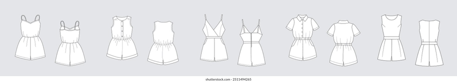 Set of female jumpsuit shorts vector template isolated on a grey background. Front and back view. Outline fashion technical sketch of clothes model.